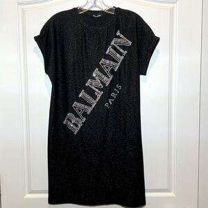 Balmain Paris Black shimmer dress with crystal Logo detail. Sz 16